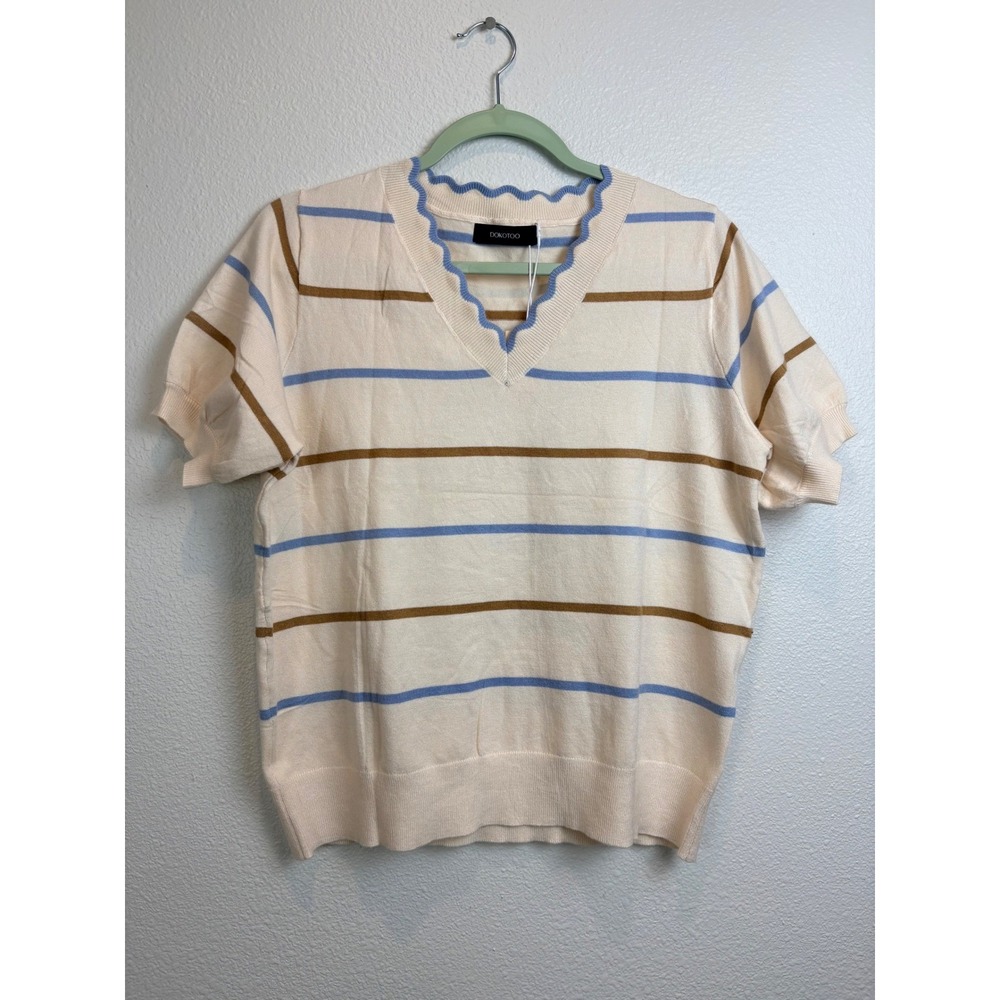 Dokotoo Women Cream Striped Knit Sweater Top Scallop V Neck Coastal Preppy